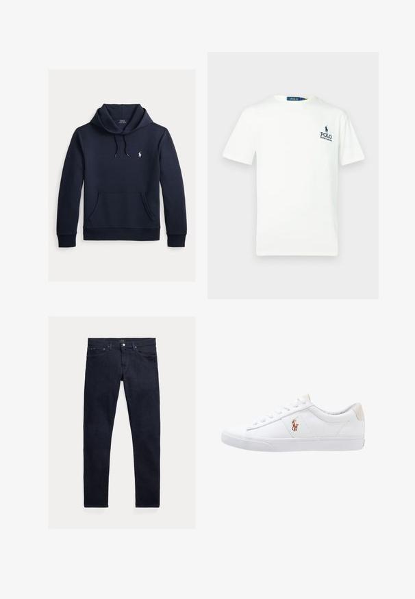 Tume merevärvi kapuutsiga dressipluus esiküljel kengurutasku, kapuuts nööriga, pikad varrukad ja väike valge Polo Ralph Laureni logo rinnal.; Valge puuvillane t-särk, millel on ümmargune kaelus, lühikesed varrukad ja sinine "POLO Ralph Lauren" logo vasakul rinnal.; Tumesinised teksapüksid kitsas lõikega. Omavad viit taskut, lukuga sulgemist ja metallist nööbi kinnitust. Sile tekstuur minimaalse pleekimisega.; Valge kanvasest tennis, madala lõikega disain, millel on beež kontsapink ja väike tikitud logo küljel. Kummi välissole.
