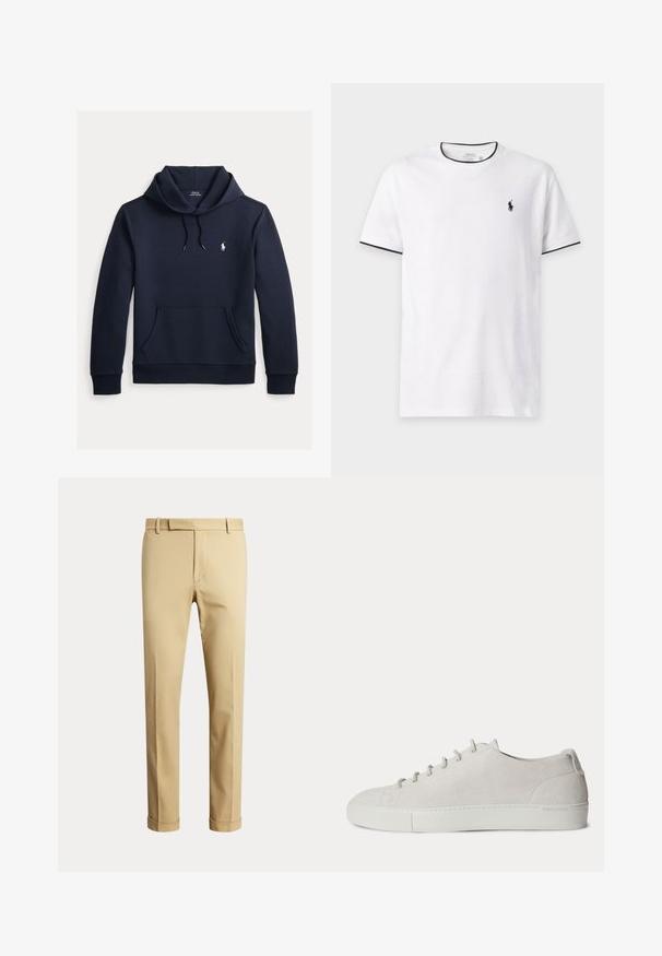 Tmavomodrá mikina s kapucňou so šnúrkou, predným klokanie vreckom, dlhými rukávmi a malým bielym logom Polo Ralph Lauren na hrudi.; Biele tričko s krátkym rukávom so čiernou lemovkou na golieri a rukávoch, s malým čiernym logom Polo Ralph Lauren na ľavej strane hrude.; Béžové nohavice s rovnými nohavicami, pútkami na opasok, predným zipsom a ohrnutými lemami, zobrazené na jednofarebnom svetlom pozadí.; Biely nízky semišový teniska so šnurovaním vpredu a gumovou podrážkou, minimalistický dizajn.