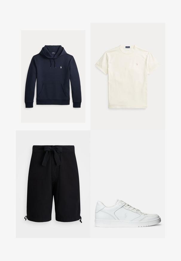 Mørk navyblå hættetrøje med front kangurulomme, snøre i hætten, lange ærmer og lille hvid Polo Ralph Lauren-logo på brystet.; Flødefarvet bomulds-T-shirt med korte ærmer. Har et diskret broderet logo på venstre bryst og rund hals.; Sorte svøm shorts lavet af letvægtsstof, med snøre i taljen og justerbare toggledetaljer vedkanterne.; Hvide lædersneakers med en glat tekstur, der har en perforeret tå, snørebåndslukning og broderet logo på siden. Hvid gummisål.