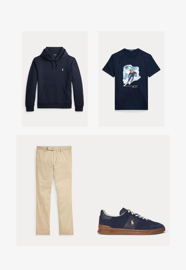 Sudadera con capucha azul navy oscuro con bolsillo canguro delantero, capucha con cordón, mangas largas y pequeño logo blanco de Polo Ralph Lauren en el pecho.; Camiseta de algodón azul marino con un gráfico de un oso esquiando, con gafas de protección, un helicóptero arriba y montañas nevadas al fondo.; Pantalones beige de corte recto con trabillas para cinturón y cremallera frontal, colocados planos sobre un fondo blanco.; Zapatilla deportiva baja azul marino con cordones blancos, suela marrón y logo de jugador de polo en el lateral, vista desde la izquierda.