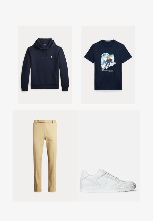 Dunkel marineblauer Kapuzenpullover mit vorderer Kängurutasche, Kapuzenkordel, langen Ärmeln und kleinem weißen Polo Ralph Lauren Logo auf der Brust.; Marineblaue Baumwoll-T-Shirt mit einem Grafikdruck eines Bären beim Skifahren, der eine Schutzbrille trägt, mit einem Hubschrauber darüber und verschneiten Bergen im Hintergrund.; Beige Hose mit geradem Bein, Gürtelschlaufen, vorderem Reißverschluss und umgeschlagenen Säumen, vor einem schlichten hellen Hintergrund gezeigt.; Weißer Ledersneaker mit glatter Textur, ausgestattet mit einer perforierten Zehenpartie, Schnürverschluss und gesticktem Logo an der Seite. Weiße Gummisohle.