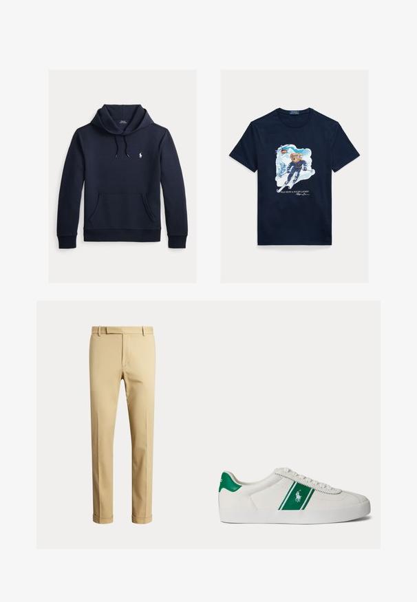 Donker marineblauwe hoodie met voorkangoeroezak, capuchon met trekkoord, lange mouwen en klein wit Polo Ralph Lauren-logo op de borst.; Marineblauw katoenen T-shirt met een afbeelding van een beer die skiet, een skibril draagt, met een helikopter erboven en besneeuwde bergen op de achtergrond.; Beige broek met rechte pijpen, riemlussen, een gulp aan de voorkant en omgeslagen zomen, afgebeeld tegen een effen lichte achtergrond.; Witte lage sneaker met groene streep en Polo-logo aan de zijkant, groene hieltab en witte veters, vanaf de linkerkant getoond op een effen achtergrond.