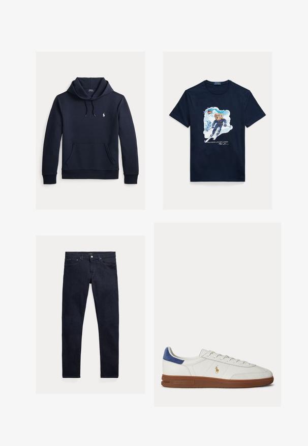 Mørk navyblå hættetrøje med front kangurulomme, snøre i hætten, lange ærmer og lille hvid Polo Ralph Lauren-logo på brystet.; Marineblå bomuld T-shirt med et motiv af en bjørn, der står på ski, iført skibriller, med en helikopter over sig og snedækkede bjerge i baggrunden.; Mørkeblå denimjeans med en slank pasform. Har fem lommer, lynlås og lukning med metal-knap. Glat tekstur med minimal falmning.; Hvid lavtop sneaker med brun sål, blå hælkappe, snørebånd og gyldent Polo Ralph Lauren logo på siden.