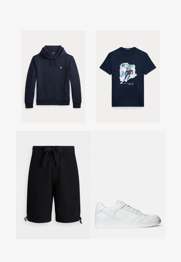 Sudadera con capucha azul navy oscuro con bolsillo canguro delantero, capucha con cordón, mangas largas y pequeño logo blanco de Polo Ralph Lauren en el pecho.; Camiseta de algodón azul marino con un gráfico de un oso esquiando, con gafas de protección, un helicóptero arriba y montañas nevadas al fondo.; Bañador negro hecho de tejido ligero, con un lazo ajustable en la cintura y detalles de toggle ajustables en los dobladillos.; Zapatilla de cuero blanca con textura suave, que presenta una puntera perforada, cierre de cordones y logo bordado en el lateral. Suela de goma blanca.