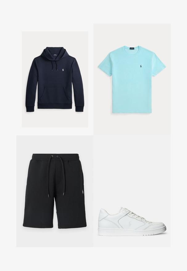 Mørk navyblå hættetrøje med front kangurulomme, snøre i hætten, lange ærmer og lille hvid Polo Ralph Lauren-logo på brystet.; Lyseblå t-shirt med korte ærmer og rund halsudskæring med lille mørkt logo af en polospiller på venstre bryst.; Sorte sweatshorts lavet af blødt stof, med snøre i taljen med metalender og en lille logo på benet. Glat tekstur, designet til komfort.; Hvide lædersneakers med en glat tekstur, der har en perforeret tå, snørebåndslukning og broderet logo på siden. Hvid gummisål.