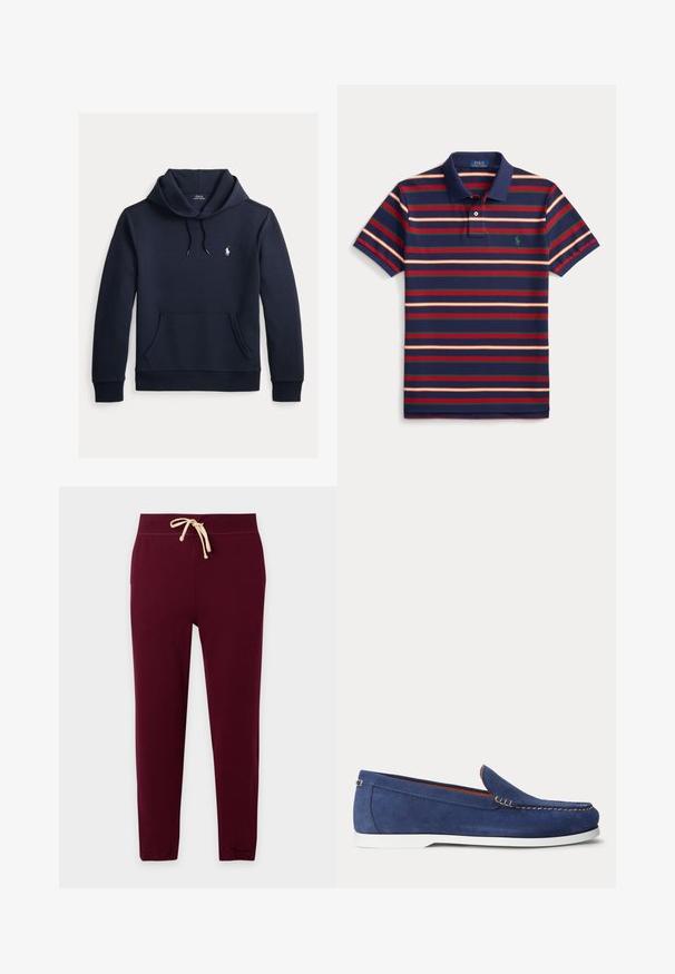 Tmavomodrá mikina s kapucňou so šnúrkou, predným klokanie vreckom, dlhými rukávmi a malým bielym logom Polo Ralph Lauren na hrudi.; Tmavomodré polo tričko s červenými, zelenými a oranžovými horizontálnymi pruhmi, krátkymi rukávmi, zapínateľným golierom a malým zeleným logom na hrudi.; Jogger nohavice bordovej farby s béžovou šnúrkou v páse a elastickými manžetami na členkoch na neutrálnom pozadí.; Modrý semišový mokasín s bielou podrážkou a béžovým prešitím pozdĺž horného okraja zobrazený na bielom pozadí.