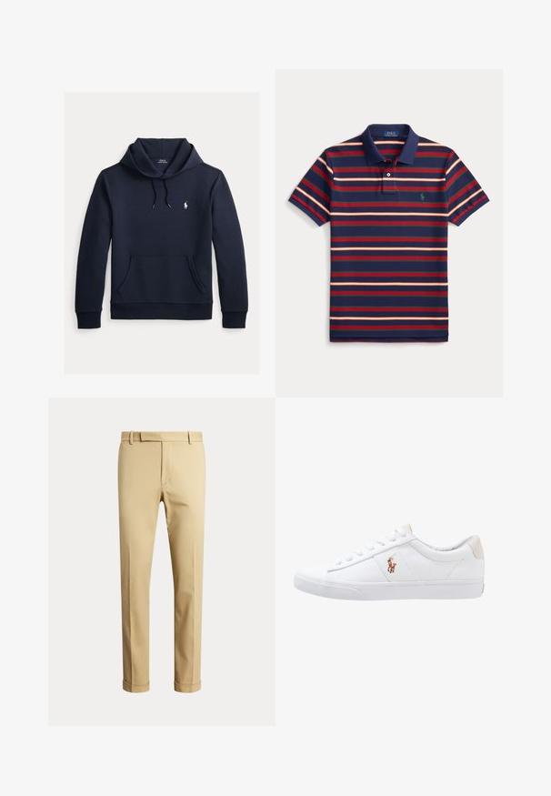 Sudadera con capucha azul navy oscuro con bolsillo canguro delantero, capucha con cordón, mangas largas y pequeño logo blanco de Polo Ralph Lauren en el pecho.; Polo azul marino con rayas horizontales rojas, verdes y naranjas, mangas cortas, cuello con botones y pequeño logo verde en el pecho.; Pantalones beige de hombre a medida con trabillas para cinturón y dobladillos vueltos, mostrados sobre un fondo claro liso.; Zapatilla de lona blanca con diseño de corte bajo, que cuenta con un taco trasero beige y un pequeño logo bordado en el costado. Suela de goma.