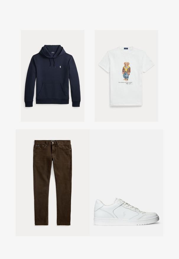 Tmavomodrá mikina s kapucňou so šnúrkou, predným klokanie vreckom, dlhými rukávmi a malým bielym logom Polo Ralph Lauren na hrudi.; Biele bavlnené tričko s grafikou oblečeného kresleného medveďa. Výrazné detaily zahŕňajú hnedú bundu, žltú mikinu s kapucňou a modré džínsy.; Úzke tmavohnedé džínsy s piatimi vreckami, zapínaním na gombík a zips a s viditeľnými štítkami značky Polo na páse a prednom vrecku.; Biele kožené tenisky s hladkým povrchom, obsahujúce perforovanú špičku, šnúrkové uzatvorenie a vyšívané logo na boku. Biela gumová podrážka.