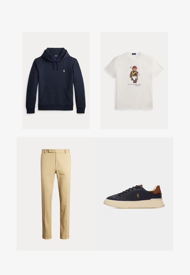 Mørk navyblå hættetrøje med front kangurulomme, snøre i hætten, lange ærmer og lille hvid Polo Ralph Lauren-logo på brystet.; Hvid bomuld T-shirt med et motiv af en bjørn iført en brun ternet jakke, blå bukser og en rød hjelm, der holder et værktøj.; Herre beige skræddersyede bukser med bæltestropper og opbuk ved benene, vist mod en ensartet lys baggrund.; Sort lav sneaker med cremefarvet sål, brun hælflig, Polo Ralph Lauren hestelogo på siden og sorte snørebånd på en ensfarvet baggrund.