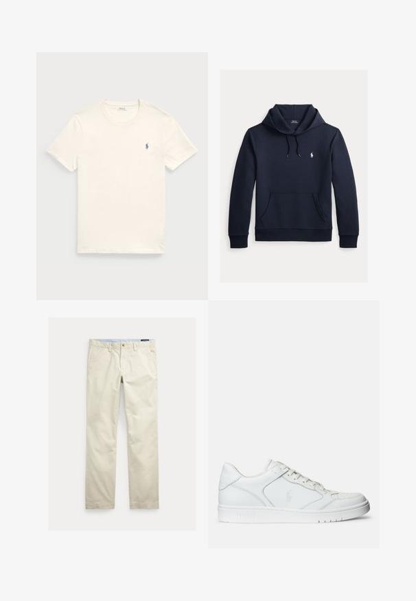 Mørk navyblå hættetrøje med front kangurulomme, snøre i hætten, lange ærmer og lille hvid Polo Ralph Lauren-logo på brystet.; Kræmfærdig bomulds t-shirt i kremfarve med rund hals og korte ærmer. Har et lille blåt broderet logo på venstre bryst.; Beige bomuld straight-leg bukser med bæltestropper, forreste knap, lynlås og sidelommer.; Hvide lædersneakers med en glat tekstur, der har en perforeret tå, snørebåndslukning og broderet logo på siden. Hvid gummisål.