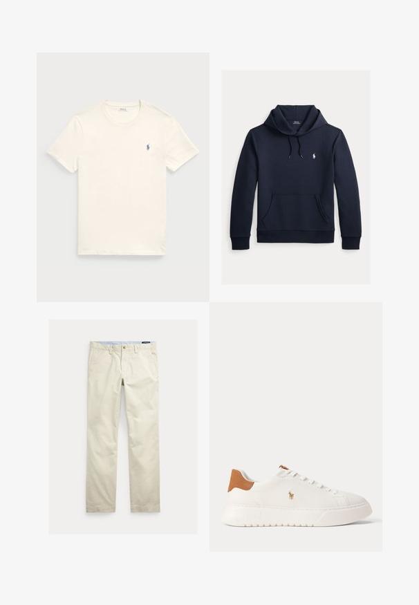 Sweat à capuche bleu marine foncé avec poche kangourou à l'avant, capuche à cordon, manches longues et petit logo blanc Polo Ralph Lauren sur la poitrine.; T-shirt en coton couleur crème avec un col rond et des manches courtes. Présente un petit logo bleu brodé sur le côté gauche de la poitrine.; Pantalon beige en coton coupe droite avec passants pour ceinture, bouton devant, fermeture éclair et poches latérales.; Baskets basses blanches avec languette de talon beige, lacets blancs et petit logo brodé d'un joueur de polo sur le côté au-dessus d'une semelle épaisse.
