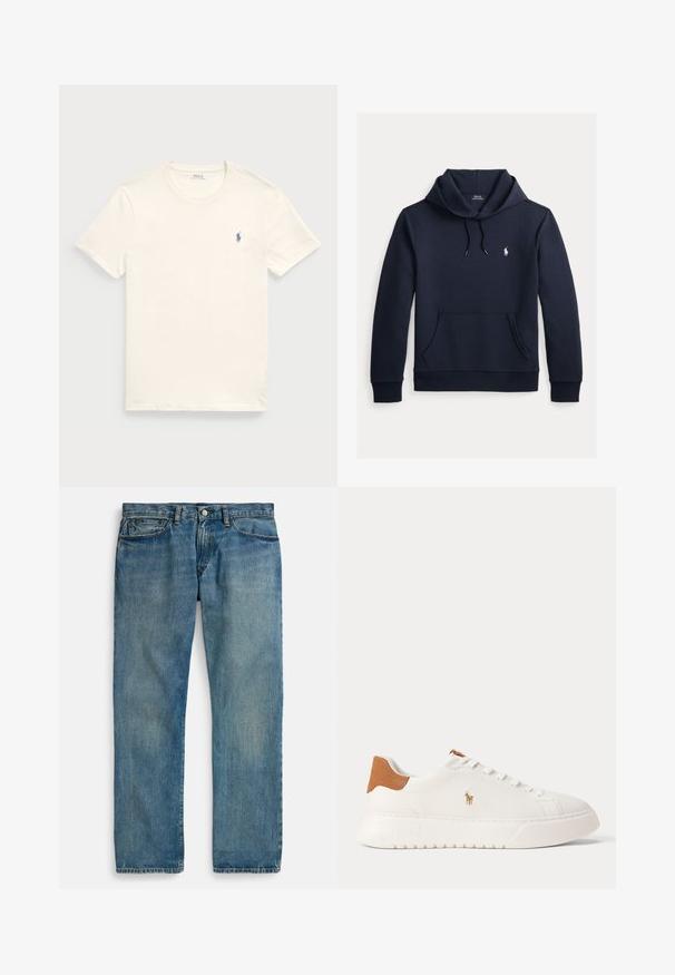 Mørk navyblå hættetrøje med front kangurulomme, snøre i hætten, lange ærmer og lille hvid Polo Ralph Lauren-logo på brystet.; Kræmfærdig bomulds t-shirt i kremfarve med rund hals og korte ærmer. Har et lille blåt broderet logo på venstre bryst.; Lyseblå denimjeans med lige ben, der har fem lommer, lukning med knap og diskret falmet effekt for tekstur.; Hvid lavtop sneaker med tan hælfane, hvide snørebånd og lille broderet polo-spiller logo på siden over en tyk sål.
