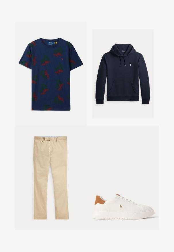 Tmavomodrá mikina s kapucňou so šnúrkou, predným klokanie vreckom, dlhými rukávmi a malým bielym logom Polo Ralph Lauren na hrudi.; Námornícka modrá bavlnená tričko s opakovanými zelenými grafikami "P" a červenými krídlovými topánkami, dizajn s okrúhlym výstrihom, voľný strih a krátke rukávy.; Béžové nohavice s rovnými nohavicami, s pútkami na opasok a predným zipsom, položené na bielom pozadí.; Biely nízky teniska s béžovou pätovou záložkou, bielymi šnúrkami a malým vyšívaným logom hráča póla na boku nad tlustou podrážkou.
