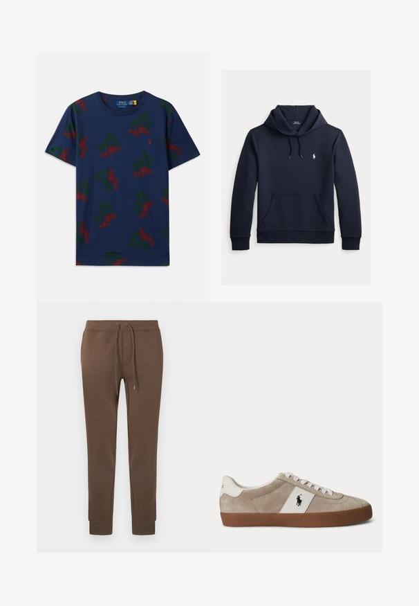 Tummansininen huppari, jossa on edessä kengurutasku, kiristysnauha hupussa, pitkät hihat ja pieni valkoinen Polo Ralph Lauren -logo rinnassa.; Tummansininen puuvillapaidan, jossa on toistuvia vihreitä 'P' ja punaisia siipikenkiä, pyöreä kaula-aukko, rento malli ja lyhyet hihat.; Ruskeat verkkarit pehmeästä, joustavasta materiaalista, jossa on joustava vyötärönauha, kiristysnauha ja resorireunukset. Pieni logo vasemmassa yläkulmassa.; Beigen värinen mokkanahkainen matalan mallinen lenkkari, jossa valkoiset kengännauhat, valkoinen nahkakoristelu mustalla hevosen logolla ja ruskea kumipohja.