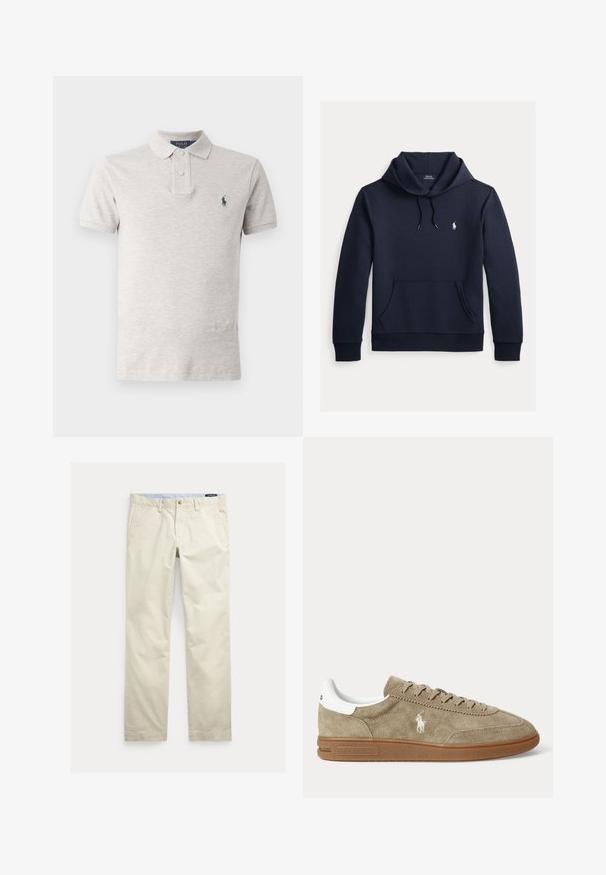 Tmavomodrá mikina s kapucňou so šnúrkou, predným klokanie vreckom, dlhými rukávmi a malým bielym logom Polo Ralph Lauren na hrudi.; Svetlošedý polo tričko vyrobené z bavlny, s klasickým golierom, dvojitým gombíkom, krátkymi rukávmi a malým zeleným logom na hrudi.; Béžové bavlnené nohavice s rovnými nohavicami, opaskové pútká, predné zapínanie na gombík, zips a bočné vrecká.; Nízkoprofilová béžová semišová teniska s hnedou podrážkou, bielym detailom na päte, šnúrkami a bielym vyšívaným logom hráča póla na boku.