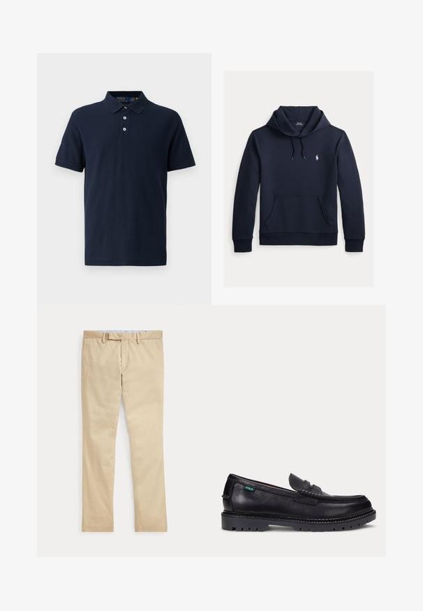 Mørk navyblå hættetrøje med front kangurulomme, snøre i hætten, lange ærmer og lille hvid Polo Ralph Lauren-logo på brystet.; Marineblå polo med krave, korte ærmer, tre-knap lukning og kontrastdetalje på den indvendige krave. Fremstillet af struktureret bomuldsstof.; Beige bukser med lige ben, bæltestropper og frontlynlås, lagt fladt mod en hvid baggrund.; Sort læderloafer med tyk, mønstret sål og lille grøn "Polo"-mærke på ydersiden nær hælen.