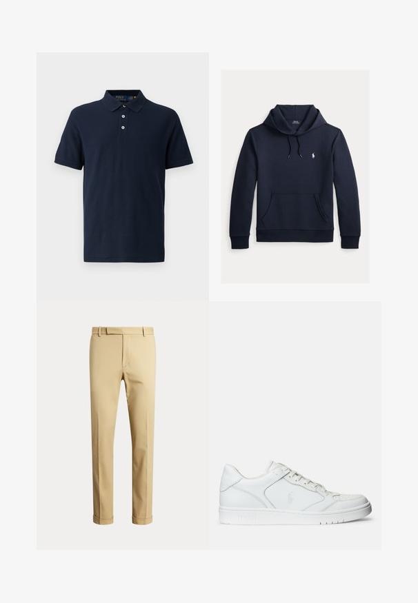 Mørk navyblå hættetrøje med front kangurulomme, snøre i hætten, lange ærmer og lille hvid Polo Ralph Lauren-logo på brystet.; Marineblå polo med krave, korte ærmer, tre-knap lukning og kontrastdetalje på den indvendige krave. Fremstillet af struktureret bomuldsstof.; Herre beige skræddersyede bukser med bæltestropper og opbuk ved benene, vist mod en ensartet lys baggrund.; Hvide lædersneakers med en glat tekstur, der har en perforeret tå, snørebåndslukning og broderet logo på siden. Hvid gummisål.