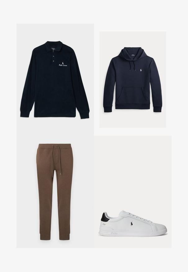 Tume merevärvi kapuutsiga dressipluus esiküljel kengurutasku, kapuuts nööriga, pikad varrukad ja väike valge Polo Ralph Laureni logo rinnal.; Tumesinise värvi pikade varrukatega polo särk, mis on valmistatud puuvillast, vooderdatud kraega, kolmesuunalise nööbiga ja valgele tikandiga "Ralph Lauren" logo hobusega.; Pruunid dressipüksid pehmest, venivast materjalist, kummiga vöökohaga, nööriga ja soonikkoes mansettidega. Vasakus ülanurgas väike logo.; Valge madala säärega toss musta kandumärgiga, paelte ja Polo Ralph Laureni logoga küljel, reljeefsete talladetailidega.