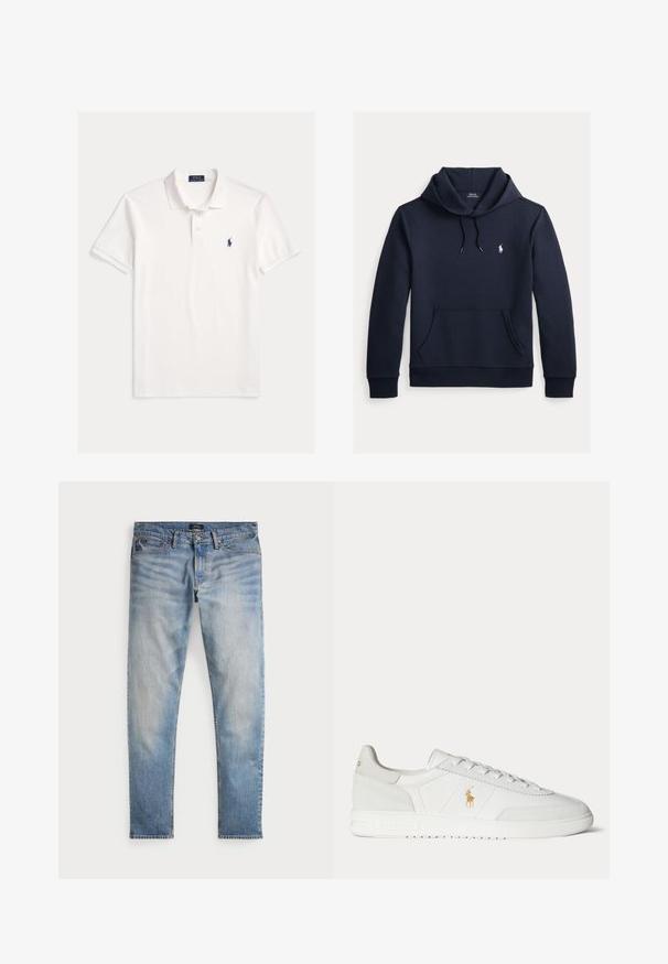 Donker marineblauwe hoodie met voorkangoeroezak, capuchon met trekkoord, lange mouwen en klein wit Polo Ralph Lauren-logo op de borst.; Wit Polo Ralph Lauren overhemd met korte mouwen, kraag, twee knoopsgaten en klein marineblauw geborduurd paardenlogo op de linkerborst.; Lichtblauwe denim jeans met een vervaagde afwerking, vijfzakkenontwerp en contrasterende stiksels. Heeft een ritssluiting en riemlussen. Rechte snit.; Witte lage sneaker met vetersluiting, gouden Polo Ralph Lauren-logo aan de zijkant en een gestructureerde zool op een effen achtergrond.