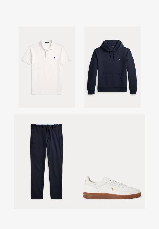 Tmavomodrá mikina s kapucňou so šnúrkou, predným klokanie vreckom, dlhými rukávmi a malým bielym logom Polo Ralph Lauren na hrudi.; Biela krátky rukáv Polo Ralph Lauren košeľa s golierom, zapínaním na dva gombíky a malým tmavomodrým vyšívaným logom koňa na ľavej strane hrudníka.; Pánske spoločenské nohavice námornícko modrej farby s pútkami na opasok, zipsom a bočnými vreckami, položené na bielom pozadí.; Biele nízke tenisky s hnedou podrážkou, šnurovaním vpredu a malým zlatým logom Polo Ralph Lauren na boku.