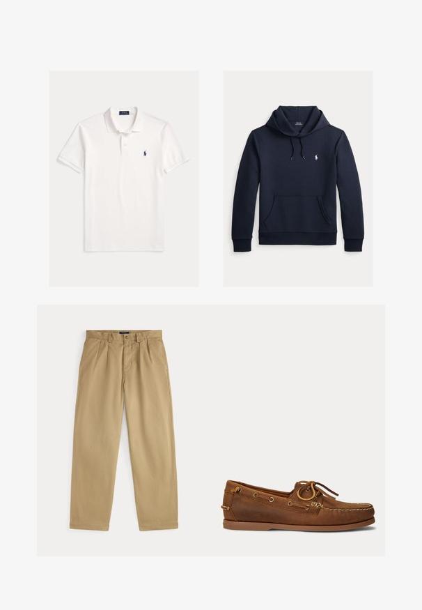 Donker marineblauwe hoodie met voorkangoeroezak, capuchon met trekkoord, lange mouwen en klein wit Polo Ralph Lauren-logo op de borst.; Wit Polo Ralph Lauren overhemd met korte mouwen, kraag, twee knoopsgaten en klein marineblauw geborduurd paardenlogo op de linkerborst.; Beige op maat gemaakte broek met rechte pijpen, riemlussen, knoopsluiting en voorplooien, plat neergelegd op een witte achtergrond.; Bruine leren bootschoen met mocassinnaad, veterdetail doorgedreven door metalen oogjes en een platte rubberen zool, gezien van opzij.
