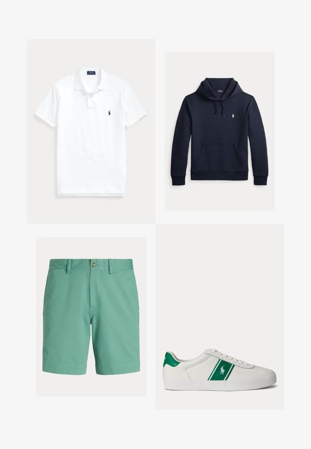 Mørk navyblå hættetrøje med front kangurulomme, snøre i hætten, lange ærmer og lille hvid Polo Ralph Lauren-logo på brystet.; Hvid polo t-shirt med korte ærmer, krave, to-knaps lukning og lille mørkeblå logo på venstre bryst.; Herreshorts i lysegrøn, lavet af bomuldsblanding. Har flad front, knaplukning, bæltestropper og sidelommer. Glat tekstur.; Hvid low-top sneaker med grøn stribe og Polo-logo på siden, grøn hæl-flik og hvide snørebånd, vist fra venstre side på ensfarvet baggrund.