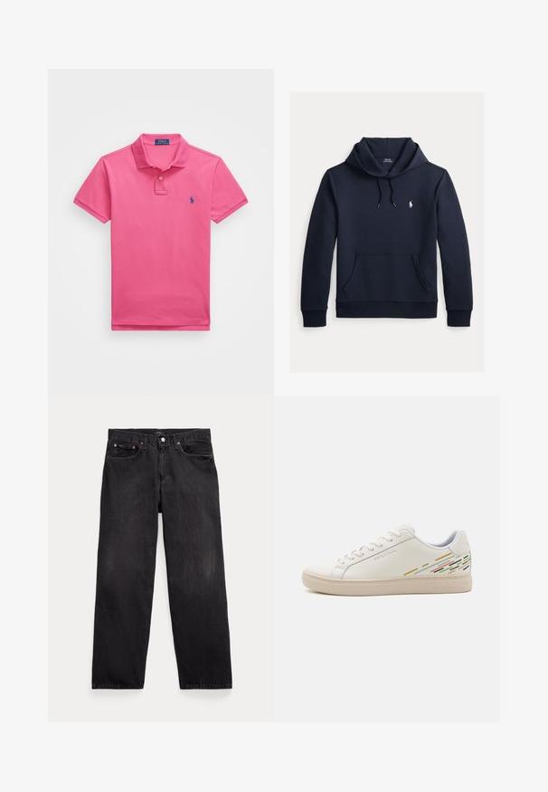 Mørk navyblå hættetrøje med front kangurulomme, snøre i hætten, lange ærmer og lille hvid Polo Ralph Lauren-logo på brystet.; Lyserød polo-shirt lavet af bomuld, kortærmet, med krave og to knapper foran. Har et broderet blåt logo på venstre bryst.; Sorte denim jeans med lige ben, fem lommer, knaplukning og synlige metalnitter på forlommerne.; Hvide lædersneakers med en glat overflade, der har farverige linjemønstre på hælen og en beige gummisål.