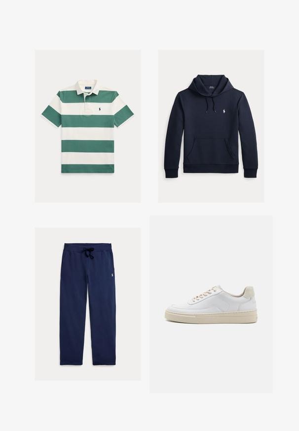 Donker marineblauwe hoodie met voorkangoeroezak, capuchon met trekkoord, lange mouwen en klein wit Polo Ralph Lauren-logo op de borst.; Poloshirt met korte mouwen met brede horizontale groene en witte strepen, witte kraag en klein geborduurd logo op de borst.; Navyblauwe joggingbroek gemaakt van zacht katoen, met een tailleband met trekkoord en een klein logo op het bovenste gedeelte van het linkerbeen. Gladde textuur, rechte pijp.; Witte sneaker met een gevoerd leren bovenwerk, beige veters en een gestructureerde beige suede hieltab. Verhoogde zool voor extra hoogte.