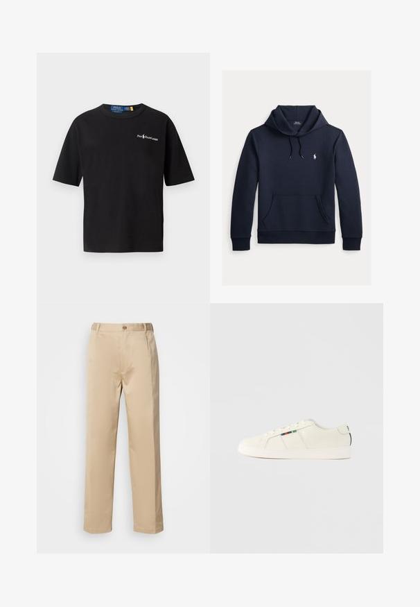 Tume merevärvi kapuutsiga dressipluus esiküljel kengurutasku, kapuuts nööriga, pikad varrukad ja väike valge Polo Ralph Laureni logo rinnal.; Mustmust särk lühikeste varrukatega, ümmargune kaelus ja valge logo vasakul rinnal, millel on tekst "Polo Ralph Lauren".; Beige püksid, mis on valmistatud kerge materjali, sirge jala disaini, vöökoha, kus on vööaasad, ning ühe esise nupu kinnitusega.; Valged beežid tennised, sujuva tekstuuriga, paeltega kinnitatavad ja küljele lisatud värvilise triibuga. Valge kummist tald. Taga sile.