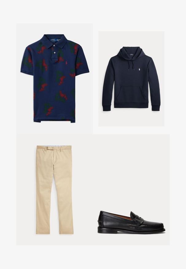 Tume merevärvi kapuutsiga dressipluus esiküljel kengurutasku, kapuuts nööriga, pikad varrukad ja väike valge Polo Ralph Laureni logo rinnal.; Tumesinine puuvillane polo-särk, millel on korduv muster punaste tiibade ja roheliste 'P' tähtede, klassikalise kaelusega ja kolme nupuga sisekaitsega.; Beeži sirgete säärega püksid vööaasade ja ees oleva tõmblukuga, laotatud tasaselt valgele taustale.; Mustast nahast loafer madala kontsa ja penny rihma detailiga, näidatud küljelt helehallil taustal.