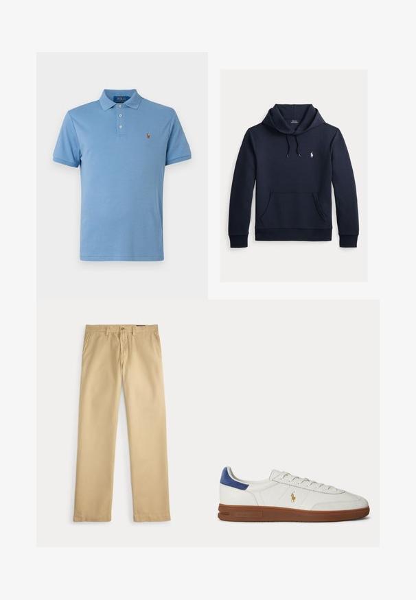 Tmavomodrá mikina s kapucňou so šnúrkou, predným klokanie vreckom, dlhými rukávmi a malým bielym logom Polo Ralph Lauren na hrudi.; Svetlomodrá polokošeľa vyrobená z bavlny, s golierom, trojicou gombíkov na zapínanie, krátkymi rukávmi a malým vyšitým logom na hrudi.; Béžové nohavice s rovnými nohavicami, pútkami na opasok, bočnými vreckami a zapínaním na gombíky na bielom pozadí.; Biele nízke tenisky s hnedou podrážkou, modrým pätovým pásikom, šnúrkami a zlatým logom Polo Ralph Lauren na boku.
