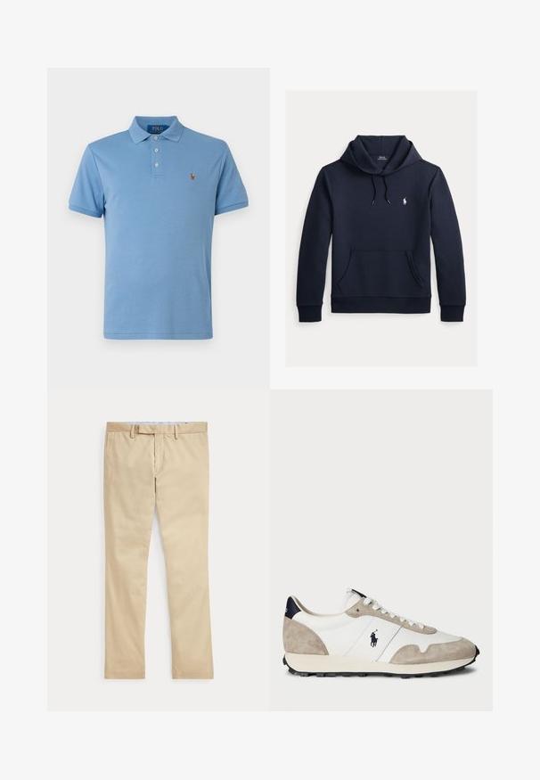 Tume merevärvi kapuutsiga dressipluus esiküljel kengurutasku, kapuuts nööriga, pikad varrukad ja väike valge Polo Ralph Laureni logo rinnal.; Hele sinine puuvillane polo särk, millel on krae, kolme nupuga eesmine sulgemine, lühikesed varrukad ning rindkeres väike tikandiga logo.; Beeži sirgete säärega püksid vööaasade ja ees oleva tõmblukuga, laotatud tasaselt valgele taustale.; Valge ja beež sametist sneaker musta kummist tallaga ning Polo logo külgedel, vaadatuna väljastpoolt valge tausta ees.