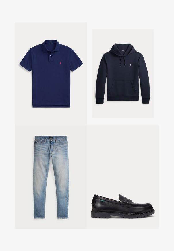 Tmavomodrá mikina s kapucňou so šnúrkou, predným klokanie vreckom, dlhými rukávmi a malým bielym logom Polo Ralph Lauren na hrudi.; Námornícka modrá polokošeľa s golierom, zapínaním na dva gombíky, krátkymi rukávmi a malým červeným logom Ralph Lauren na ľavej strane hrude.; Svetlomodré denimové nohavice s bledým povrchom, dizajnom na päť vreciek a kontrastným prešívaním. Obsahujú zips a pútka na opasok. Rovný strih.; Čierny kožený mokasín s hrubou drsnou podrážkou a malou zelenou značkou "Polo" na vonkajšej strane pri päte.