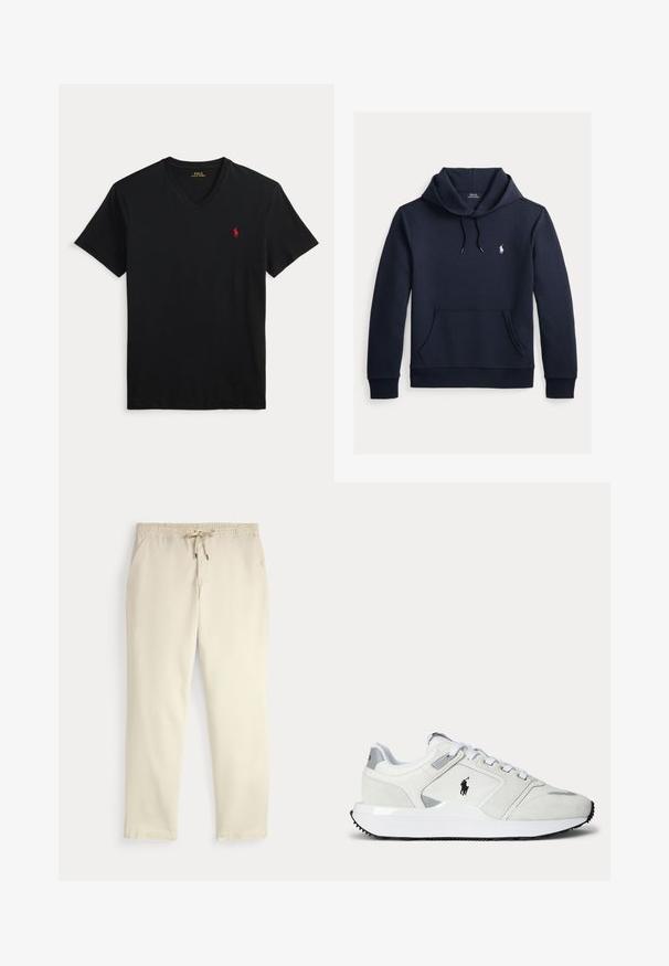 Mørk navyblå hættetrøje med front kangurulomme, snøre i hætten, lange ærmer og lille hvid Polo Ralph Lauren-logo på brystet.; Sort V-hals T-shirt med korte ærmer og et lille rødt Polo Ralph Lauren-logo på venstre bryst.; Off-white afslappede bukser med elastisk talje og snor, lige ben og sidelommer mod en ensfarvet baggrund.; Hvid lavtopet sneaker med snørelukning, sort logo på siden, grå accenter og tyk hvid sål med sort slidbane.
