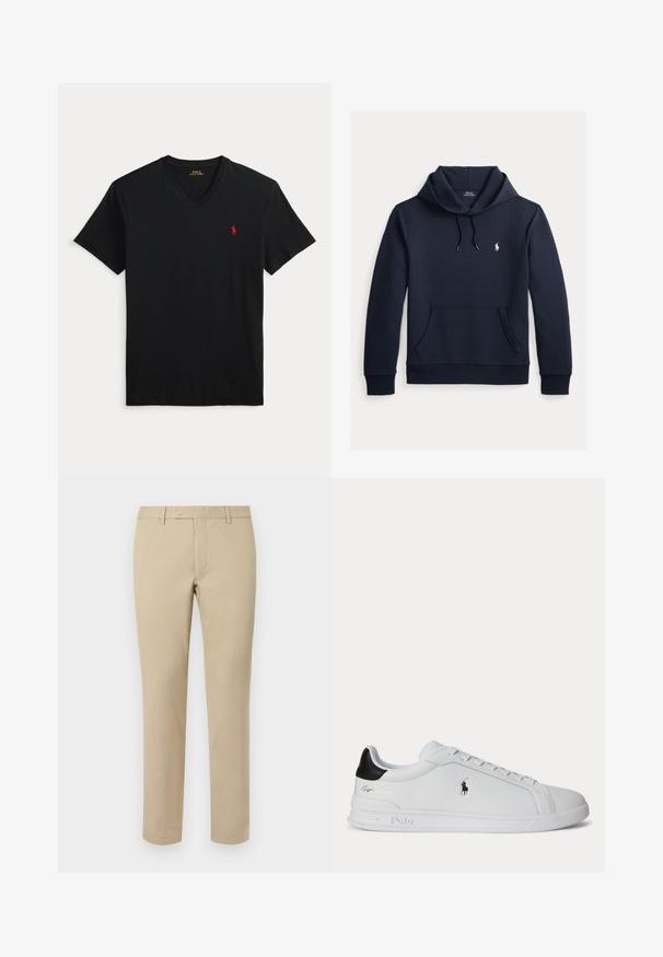 Tmavomodrá mikina s kapucňou so šnúrkou, predným klokanie vreckom, dlhými rukávmi a malým bielym logom Polo Ralph Lauren na hrudi.; Čierne tričko s výstrihom do V a krátkym rukávom s malým červeným logom Polo Ralph Lauren na ľavej strane hrudníka.; Béžové bavlnené nohavice so rovnými nohavicami, ktoré majú pútka na opasok, plochý predný diel a upravené lemy. Hladká textúra a minimálne detaily.; Biela nízka teniska s čiernou pätovou pätkou, šnúrkami a logom Polo Ralph Lauren na boku, so zvýraznenými detailmi na podrážke.