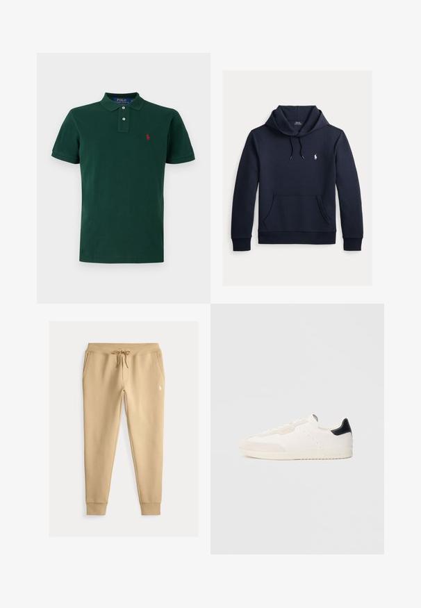 Tmavomodrá mikina s kapucňou so šnúrkou, predným klokanie vreckom, dlhými rukávmi a malým bielym logom Polo Ralph Lauren na hrudi.; Tmavozelené polo tričko s krátkym rukávom, golierom, dvojtlačidlovým lemom a malým červeným vyšívaným logom na ľavej strane hrudníka.; Béžové úzke tepláky so sťahovaním v páse, bočnými vreckami, rebrovanými manžetami a malým bielym vyšívaným logom na ľavom stehne.; Biele kožené tenisky s detailmi z semišu, vybavené čiernou pätovou záložkou, šnurovaním, perforovanými detailmi a nenápadným logom na boku.