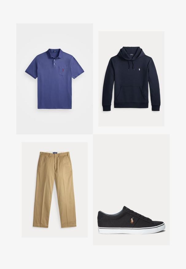 Mørk navyblå hættetrøje med front kangurulomme, snøre i hætten, lange ærmer og lille hvid Polo Ralph Lauren-logo på brystet.; Lilla polo skjorte lavet af bomuld, med en tre-knap slå-om, korte ærmer og en brystlomme med en rød logo broderi.; Beige chinos lavet af bomuldsstof. Design med lige ben, flad front, to sidelommer og en talje med knaplukning.; Sort lav sneakersko med hvid sål og broderet polo spiller logo på siden, med snørebånd og tekstureret stofoverdel.
