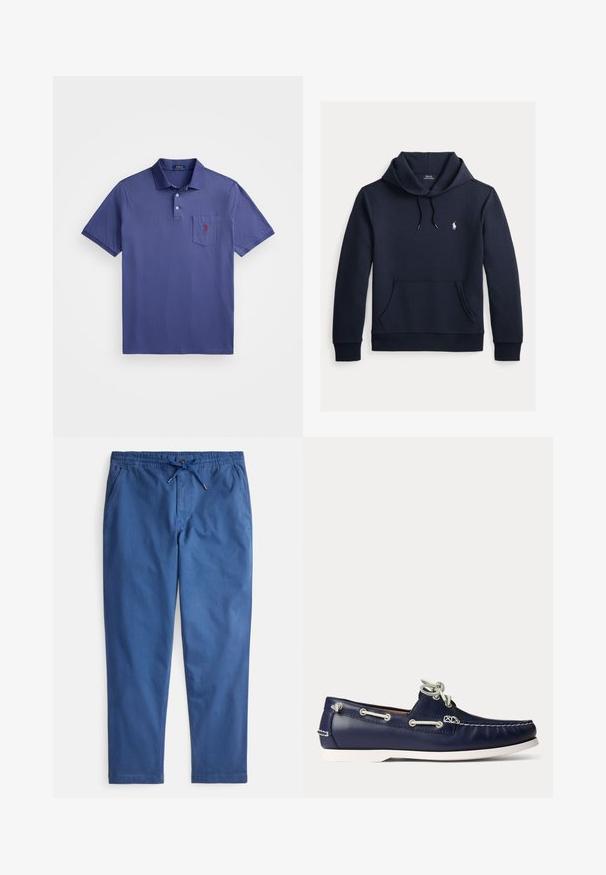 Tummansininen huppari, jossa on edessä kengurutasku, kiristysnauha hupussa, pitkät hihat ja pieni valkoinen Polo Ralph Lauren -logo rinnassa.; Lila polo paita, joka on valmistettu puuvillasta, kolmesta napista koostuvalla kauluksella, lyhyillä hihoilla ja rintataskulla, jossa on punainen logon brodeeraus.; Siniset puuvillasekoitehousut, joissa on joustava vyötärönauha naruilla, sivutaskut ja kapeat lahkeet rentoa istuvuutta varten.; Laivaston sininen nahkainen veneilykenkä valkoisilla nauhoilla ja saumoilla, jossa on valkoinen kumipohja ja metalliset reiät vaalealla taustalla.
