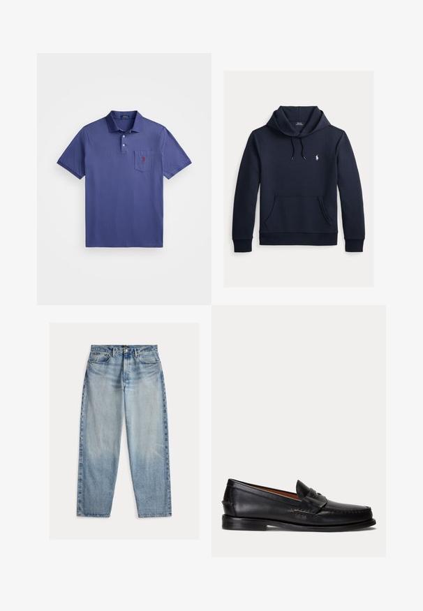 Tume merevärvi kapuutsiga dressipluus esiküljel kengurutasku, kapuuts nööriga, pikad varrukad ja väike valge Polo Ralph Laureni logo rinnal.; Lilla polo särk, mis on valmistatud puuvillast, kolme nööbiga kaelusega, lühikeste varrukatega ja rinnataskuga, millel on punane logo tikand.; Hele sinised teksapüksid lahtise istmega. Omavad kõrget pihta, viit taskut ja nähtavat õmblust. Pinna tekstuur on veidi karedam.; Mustast nahast loafer madala kontsa ja penny rihma detailiga, näidatud küljelt helehallil taustal.