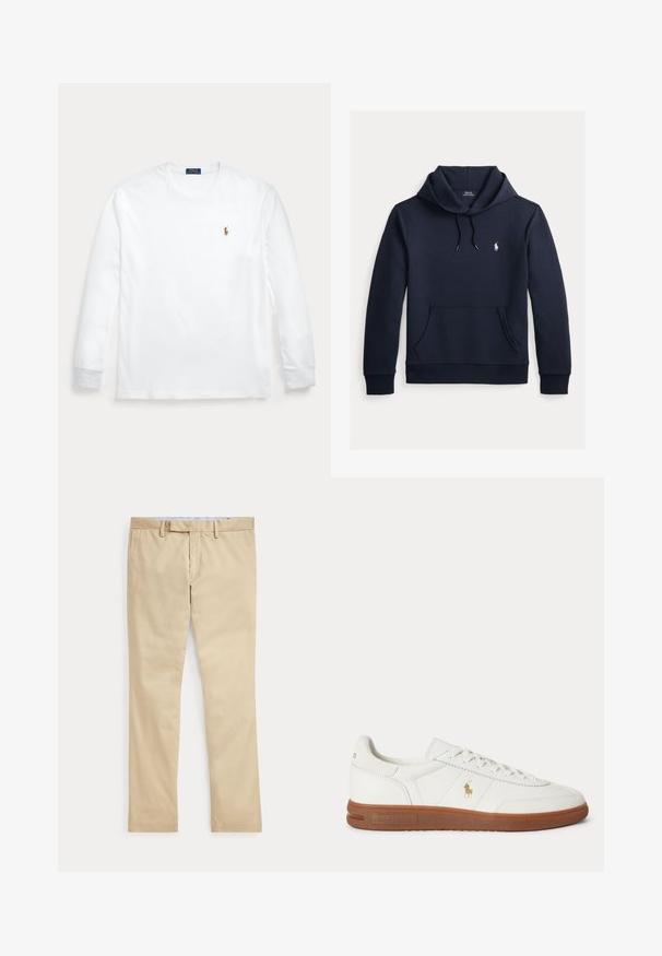 Donker marineblauwe hoodie met voorkangoeroezak, capuchon met trekkoord, lange mouwen en klein wit Polo Ralph Lauren-logo op de borst.; Witte longsleeve met ronde hals en klein geborduurd Polo Ralph Lauren-logo op de linkerborst.; Beige broek met rechte pijpen, ceintuurlussen en een voorrits, plat gelegd tegen een witte achtergrond.; Witte lage sneaker met bruine zool, veters aan de voorkant en klein gouden Polo Ralph Lauren-logo aan de zijkant.
