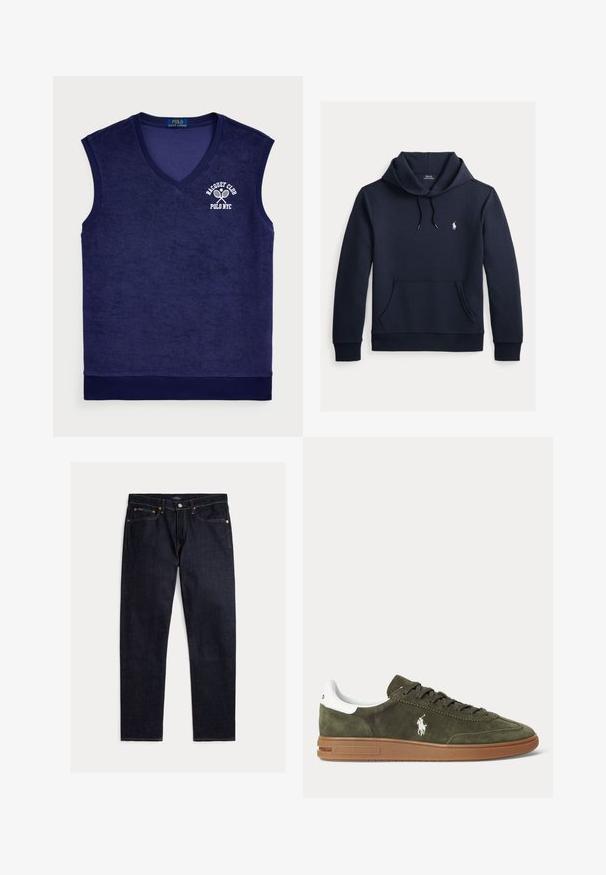 Tume merevärvi kapuutsiga dressipluus esiküljel kengurutasku, kapuuts nööriga, pikad varrukad ja väike valge Polo Ralph Laureni logo rinnal.; Tumesinine ilma varrukateta polo särk froteematerjalist; sellel on V-kujuline kaelus, ribaga kaelus ja valge logo tennise reketitega.; Tumedad indigotooni sirge lõikega teksapüksid viie tasku, nööbi- ja tõmblukuga ning kontrastse oranži õmblusega ühevärvilisel taustal.; Õlivroheline seemisnahast toss pruuni kummist tallaga, valge kontsasilti, ees paeltega ja valge Ralph Laureni polo mängija logoga küljes.