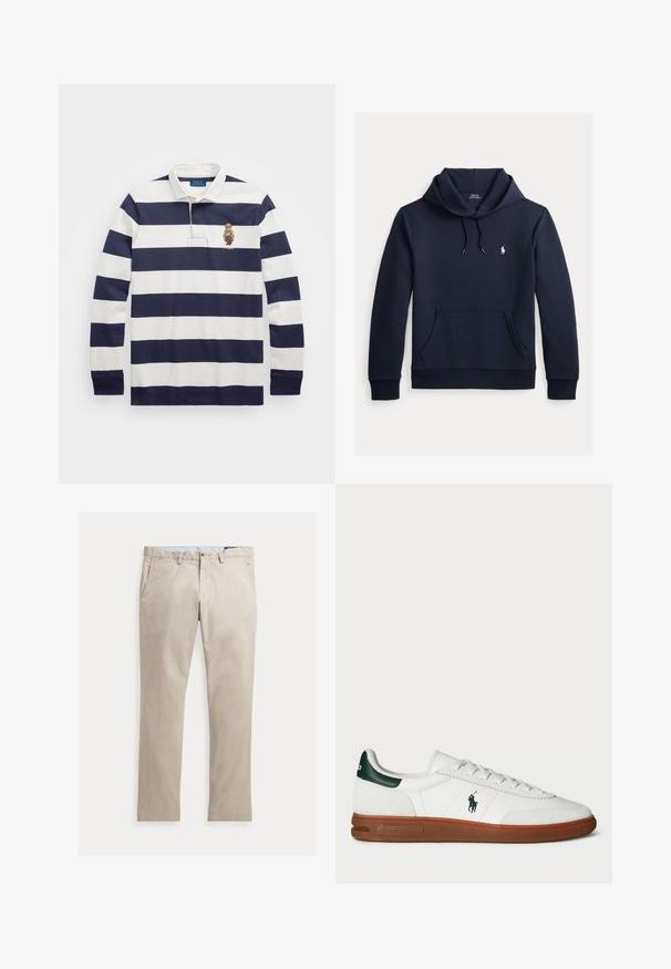 Dunkel marineblauer Kapuzenpullover mit vorderer Kängurutasche, Kapuzenkordel, langen Ärmeln und kleinem weißen Polo Ralph Lauren Logo auf der Brust.; Polo Ralph Lauren CLASSIC FIT POLO BEAR RUGBY SHIRT - Langarmshirt - blu; Beige Baumwollhose mit geradem Bein, Fronttaschen, Gürtelschlaufen, Knopfverschluss und Reißverschluss, flach auf weißem Hintergrund dargestellt.; Weiße Leder-Sneaker mit grünem Fersenakzent, strukturiertem Wildleder-Paneel, Gummisohle und besticktem Logo an der Seite. Verfügt über ein Schnürdesign.