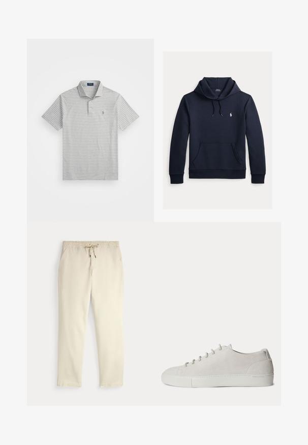 Donker marineblauwe hoodie met voorkangoeroezak, capuchon met trekkoord, lange mouwen en klein wit Polo Ralph Lauren-logo op de borst.; Grijze polo shirt met dunne witte strepen, korte mouwen, een knoopsluiting met drie knopen en een klein logo op de linkerkant van de borst. Gemaakt van zachte katoen.; Off-white casual broek met elastische tailleband en trekkoord, rechte pijpen en zijzakken op een effen achtergrond.; Witte lage suède sneaker met veters aan de voorkant en rubberen zool, minimalistisch ontwerp.