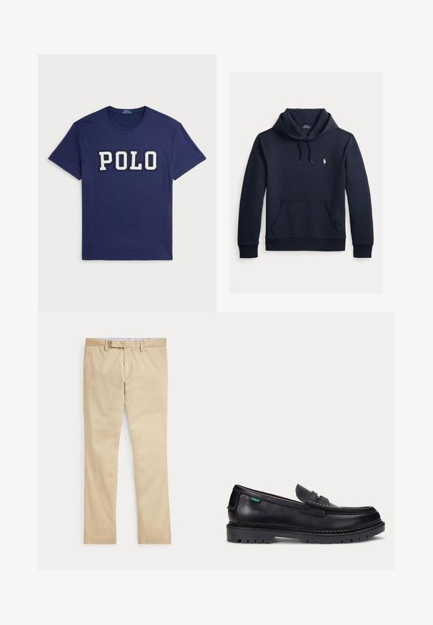 Tume merevärvi kapuutsiga dressipluus esiküljel kengurutasku, kapuuts nööriga, pikad varrukad ja väike valge Polo Ralph Laureni logo rinnal.; Tumedat-sinine t-särk, mis on valmistatud puuvillast, millel on suur valge "POLO" graafika, ümara kaeluse ja lühikeste varrukatega.; Beeži sirgete säärega püksid vööaasade ja ees oleva tõmblukuga, laotatud tasaselt valgele taustale.; Mustast nahast loafer paksu soonelise tallaga ja väike roheline "Polo" silt välisküljel kanna lähedal.