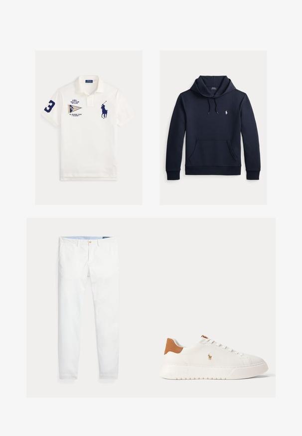 Mørk marineblå hettegenser med kengurulomme foran, snor i hetten, lange ermer og liten hvit Polo Ralph Lauren-logo på brystet.; Hvit poloskjorte med marineblå nummer 3 på ermet, marineblå polospiller-logo på brystet og yachtklubb- og marineturmerker foran.; Hvite chinos i bomull med smal passform, utstyrt med enkelt gullfarget knappelukking og lyseblått innerbånd. Jevn tekstur uten mønstre.; Hvite lave sneakers med brun hælflik, hvite skolisser og liten brodert polo-spillerlogo på siden over en tykk såle.