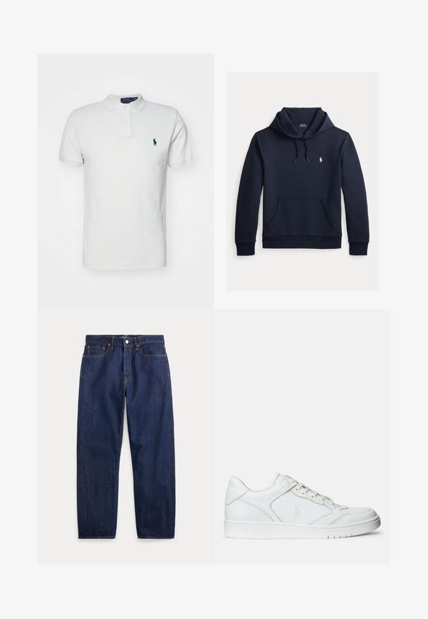 Tmavomodrá mikina s kapucňou so šnúrkou, predným klokanie vreckom, dlhými rukávmi a malým bielym logom Polo Ralph Lauren na hrudi.; Biela polo košeľa vyrobená z bavlny, s klasickým golierom, krátkymi rukávmi a zeleným vyšitým logom na ľavej hrudi.; Tmavomodré riflové nohavice s priamymi nohavicami, piatimi vreckami, zapínaním na gombíky a viditeľným šitím.; Biele kožené tenisky s hladkým povrchom, obsahujúce perforovanú špičku, šnúrkové uzatvorenie a vyšívané logo na boku. Biela gumová podrážka.