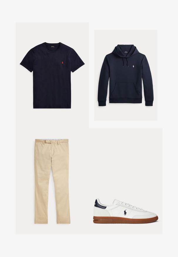 Mørk navyblå hættetrøje med front kangurulomme, snøre i hætten, lange ærmer og lille hvid Polo Ralph Lauren-logo på brystet.; Marineblå t-shirt med korte ærmer og rund hals med lille rødt Polo Ralph Lauren-logo på venstre bryst.; Beige bukser med lige ben, bæltestropper og frontlynlås, lagt fladt mod en hvid baggrund.; Hvid lavt sneaker med brun sål, sort hælpatch, broderet logo med en polospiller og hvide snørebånd.