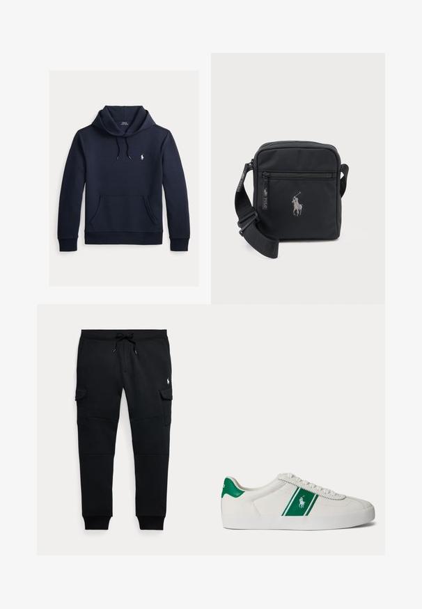 Tmavomodrá mikina s kapucňou so šnúrkou, predným klokanie vreckom, dlhými rukávmi a malým bielym logom Polo Ralph Lauren na hrudi.; Čierne cargo jogger nohavice s šnúrkou v páse, bočné vrecká s chlopňou, rebrované manžety a malé biele logo hráča póla na pravej stehne.; Biele nízke tenisky s zeleným pruhom a logom Polo na boku, zelený jazyk na päte a biele šnúrky, zobrazené z ľavej strany na jednoduchom pozadí.; Malá čierna kabelka cez rameno s predným zipsovým vreckom, nastaviteľným popruhom a vyšitým logom hráča polom na koni.