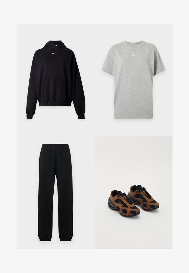 Schwarzer Nike Hoodie mit Fronttasche, langen Ärmeln, gerippten Bündchen und Saum sowie kleinem weißen Nike-Swoosh-Logo, zentriert unter der Kapuze.; Graues kurzärmeliges Baumwoll-T-Shirt mit Rundhalsausschnitt und kleinem weißen Nike-Swoosh-Logo mittig auf der Brust.; Schwarze Sporthose mit elastischem Bund, schmal zulaufenden Bündchen und kleinem weißem Nike-Logo am linken Oberschenkel. Glatte Stofftextur.; Braune Wildledersneaker mit schwarzem Mesh in runder Form, ausgestattet mit auffälligen Ausschnitten und einer dicken schwarzen Sohle.