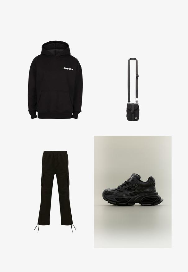Sudadera con capucha negra, con bolsillo frontal y logo blanco "Dropsize" en el lado izquierdo del pecho.; Pantalones cargo negros con cinturilla elástica, bolsillos laterales y cordones en el dobladillo; fabricados en un tejido ligero con una textura suave.; Zapatilla deportiva negra y gruesa con diseño texturizado, suela gruesa y cierre de cordones mostrada sobre un fondo neutro y sencillo.; Bolso cruzado de tela negra con correa ajustable, solapa frontal y bolsillo con cremallera. Presenta herrajes de marca y una forma rectangular compacta.